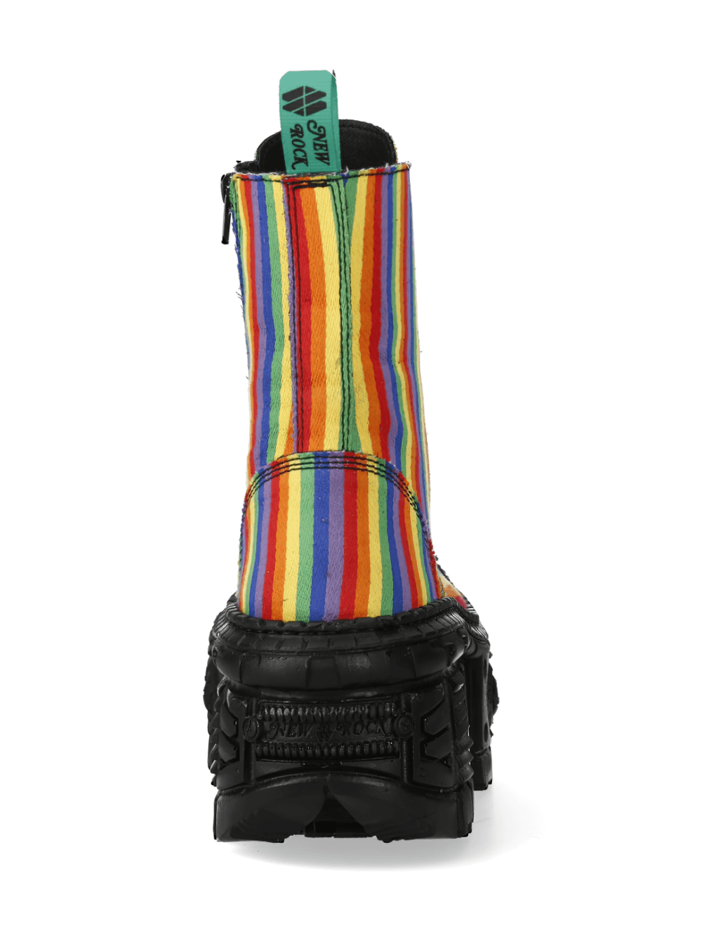 Back view of NEW ROCK rainbow striped platform ankle boots with sturdy sole and vibrant design for rock style fashion.