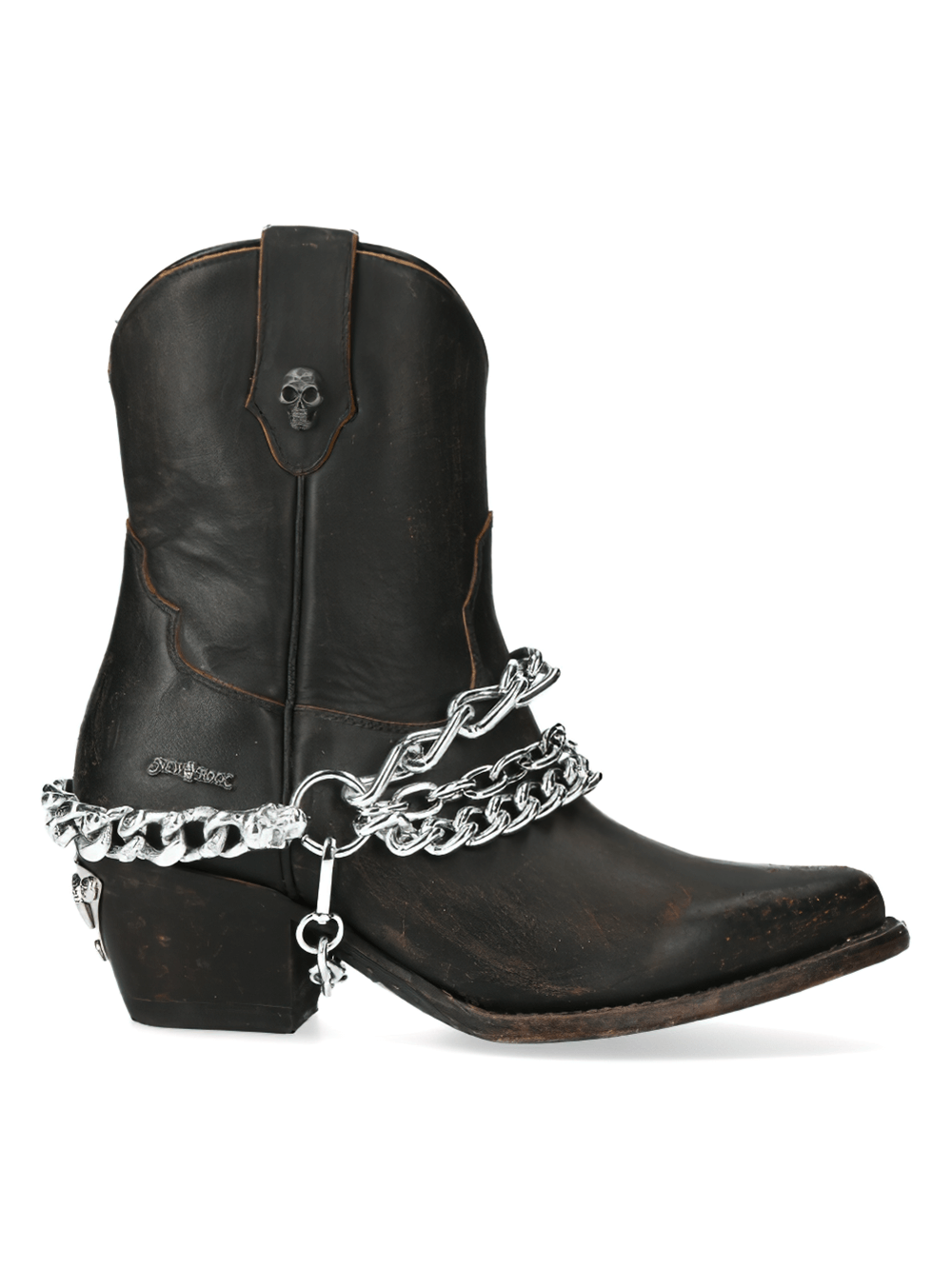 NEW ROCK brown leather ankle boot with silver chain details and edgy design for urban chic style.