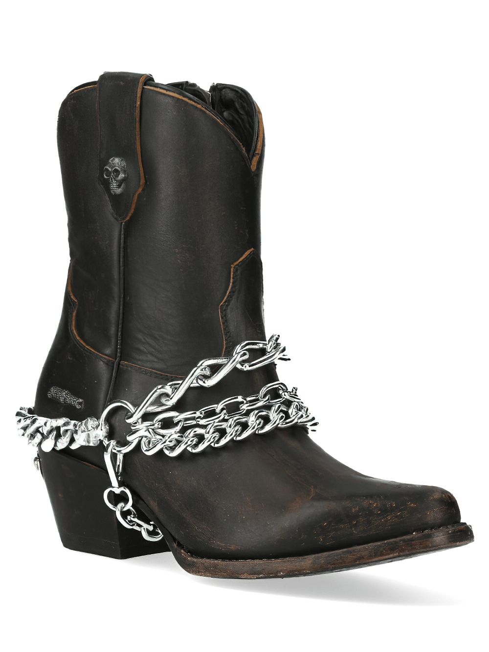 Stylish NEW ROCK brown leather ankle boots with chain detail, perfect for an edgy Western look.