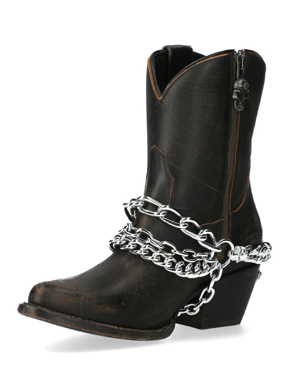 Black western ankle boot with a bold chain detail, combining rugged style and edgy urban fashion.