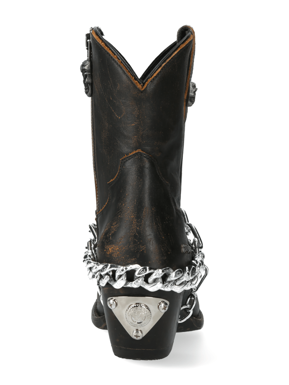 Back view of rugged black leather ankle boots with silver chain detail, showcasing edgy western style.