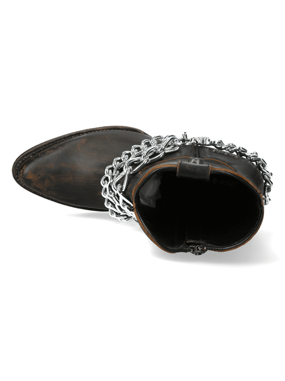 NEW ROCK rugged brown ankle boots with edgy chain detail and pointed toe design.