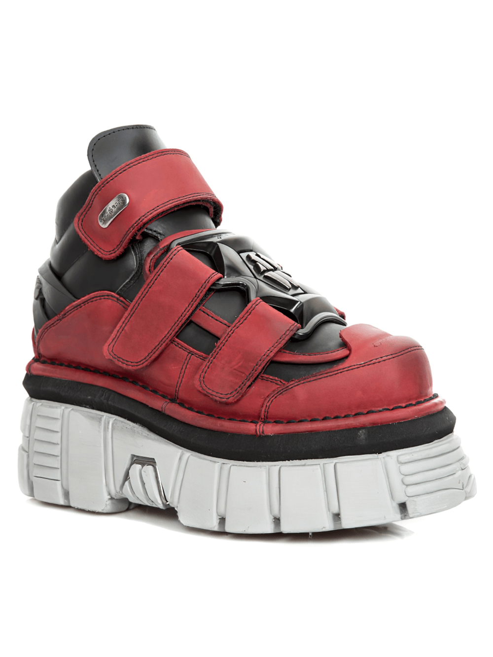 NEW ROCK Men's red and black chunky platform ankle boots with velcro straps for a punk rock look.