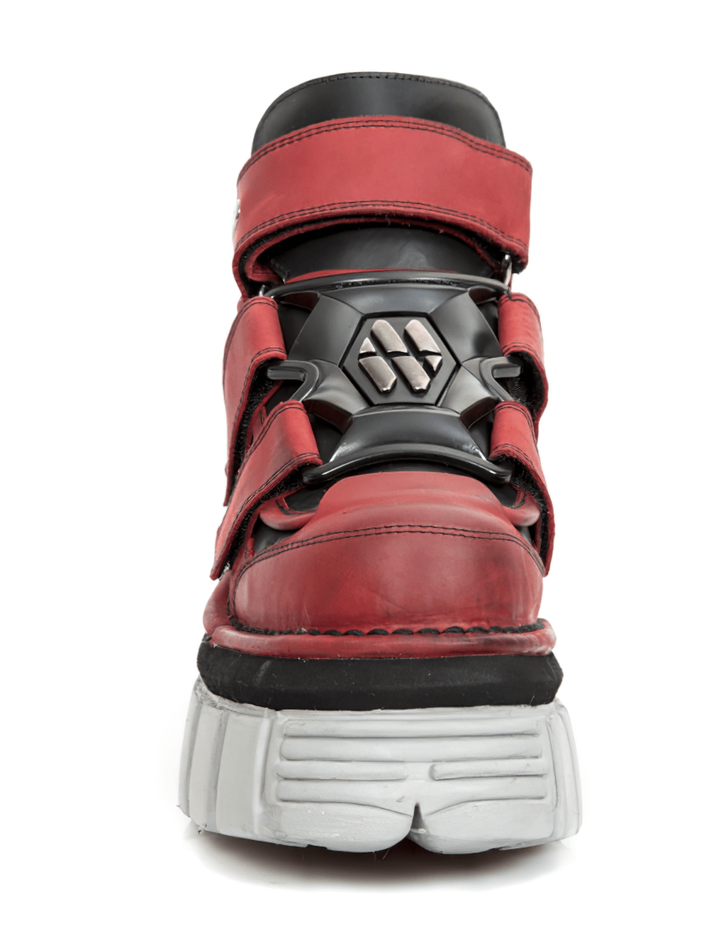 Front view of NEW ROCK red and black platform ankle boots with velcro, showcasing chunky heel and edgy design.