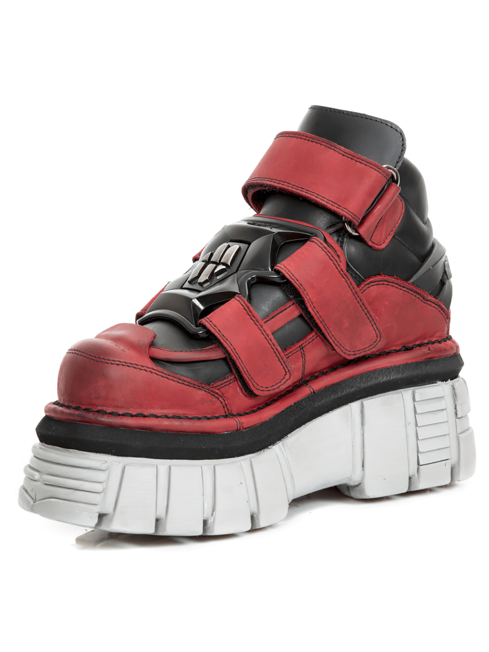 NEW ROCK red and black platform ankle boots with velcros, featuring a chunky heel and bold punk style.