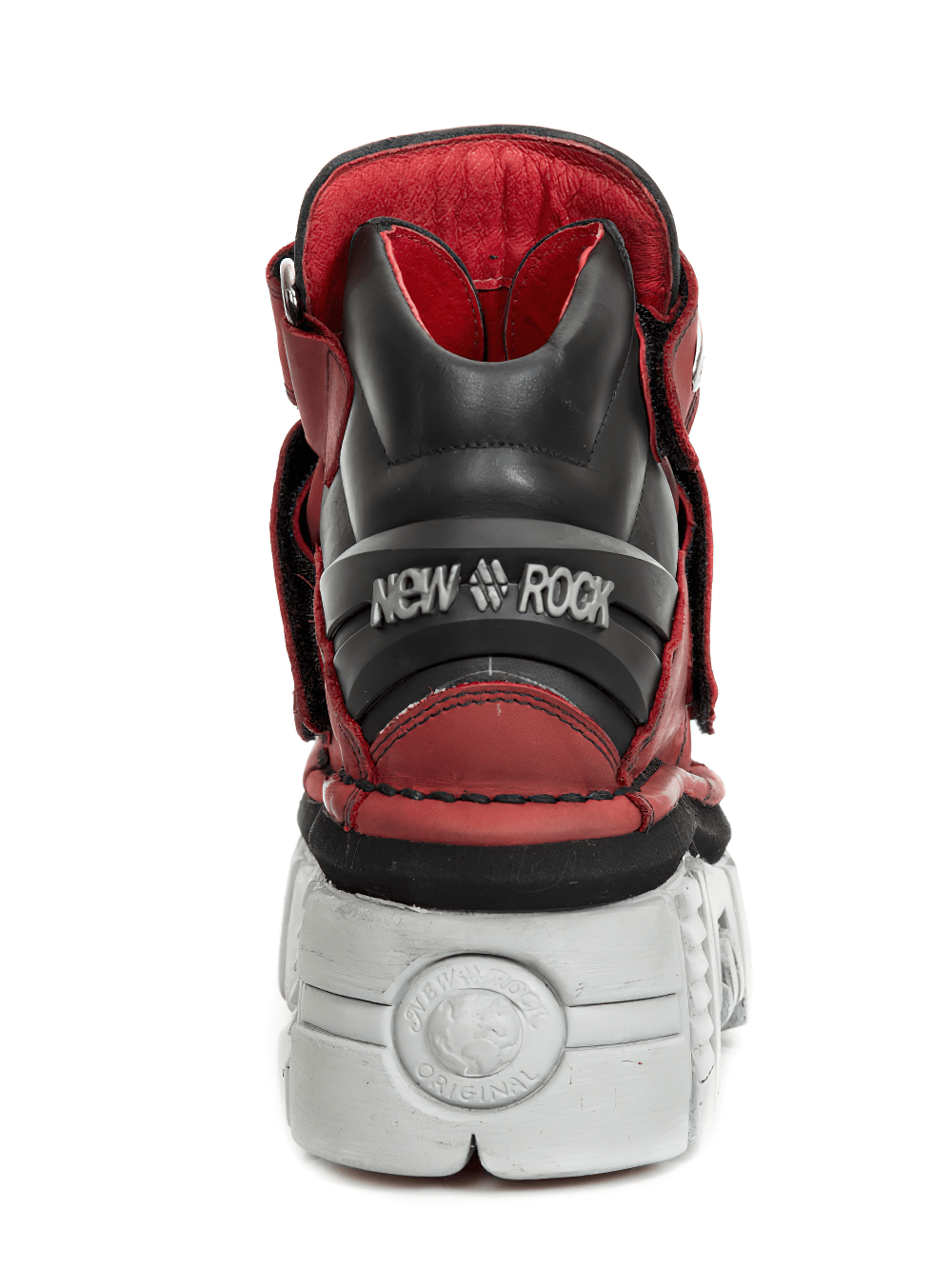 Back view of NEW ROCK red and black platform ankle boots with velcro accents, showcasing chunky design and logo.