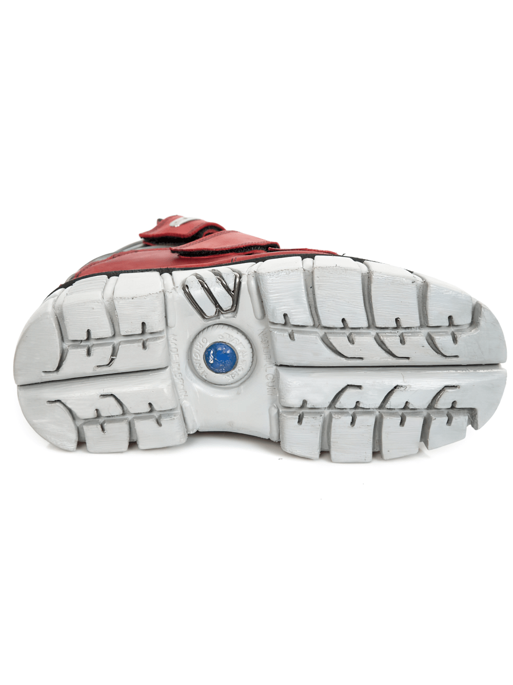 Bottom view of NEW ROCK red and black platform ankle boots showcasing chunky sole and velcro straps.