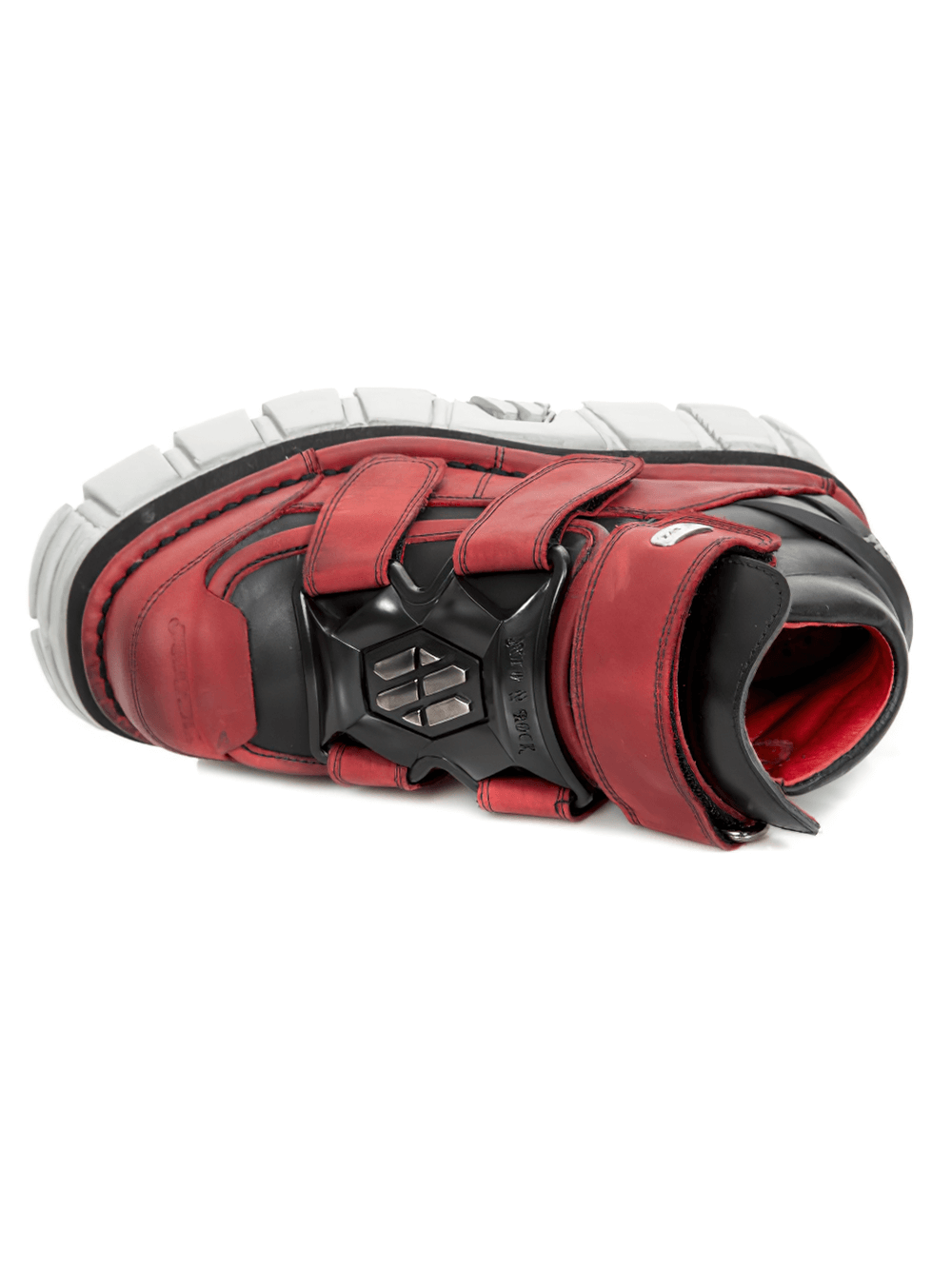 NEW ROCK Men's red and black platform ankle boots showcasing velcro straps and chunky sole.