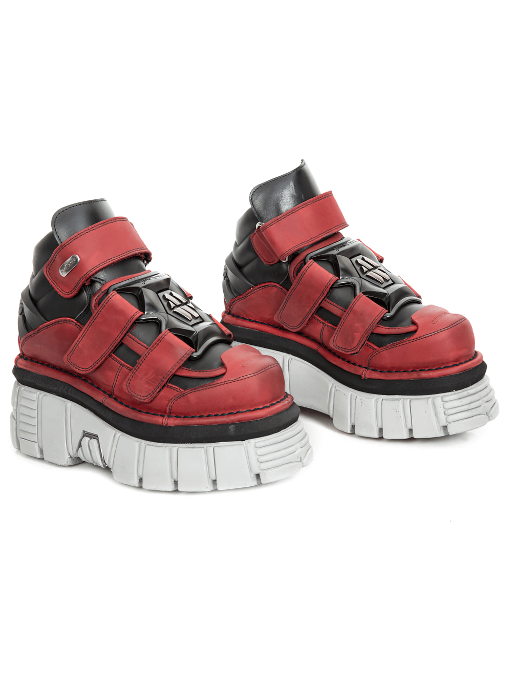 NEW ROCK red and black chunky platform ankle boots with velcro accents for a punk-inspired style.