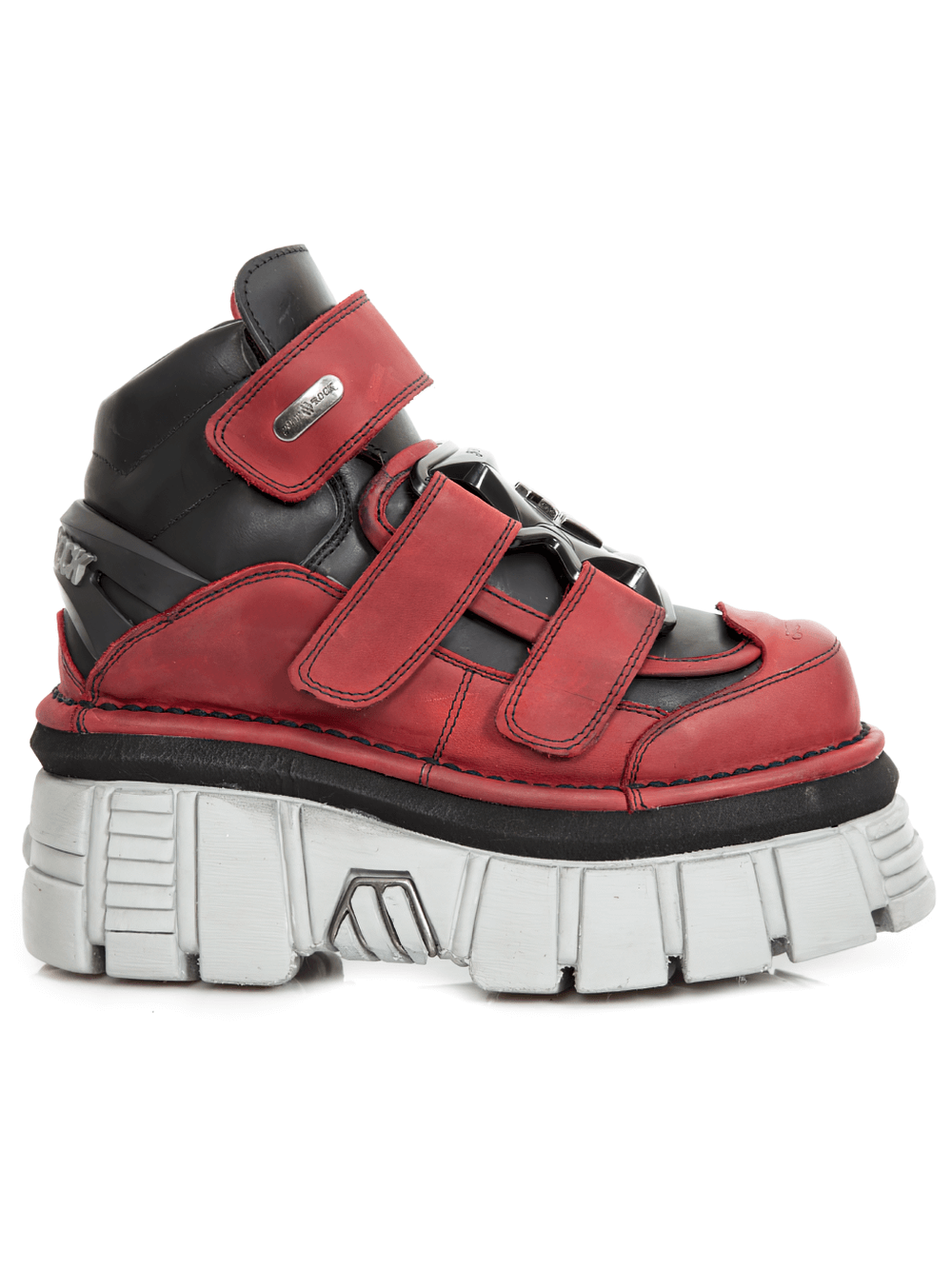 NEW ROCK Red and Black Platform Ankle Boots with Velcros, featuring chunky heel and durable leather.
