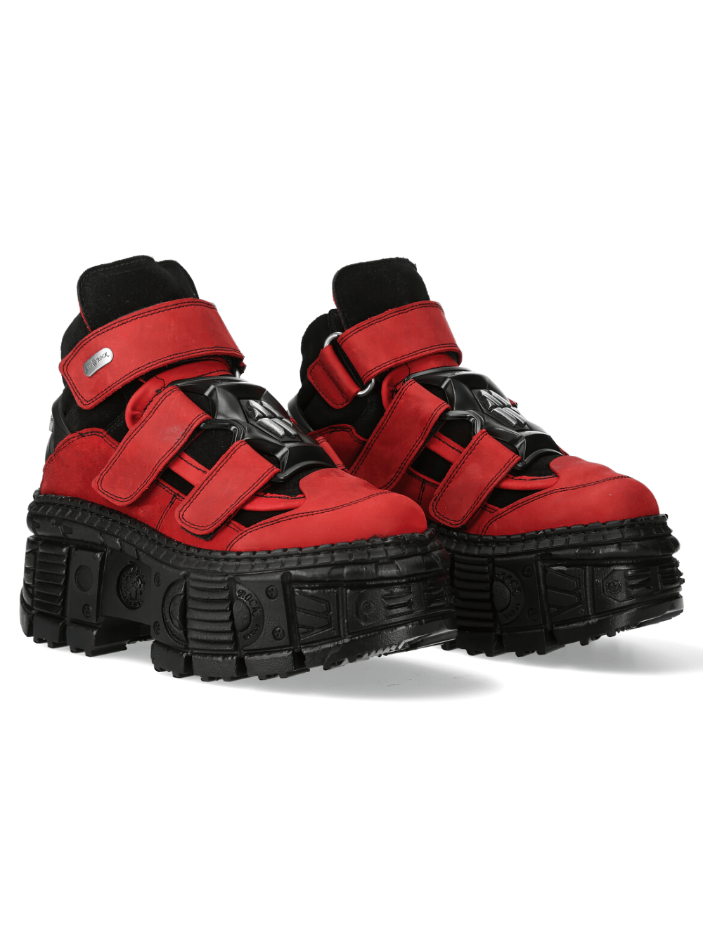 NEW ROCK red and black urban heavy ankle boots with velcro closure for bold style and durability.