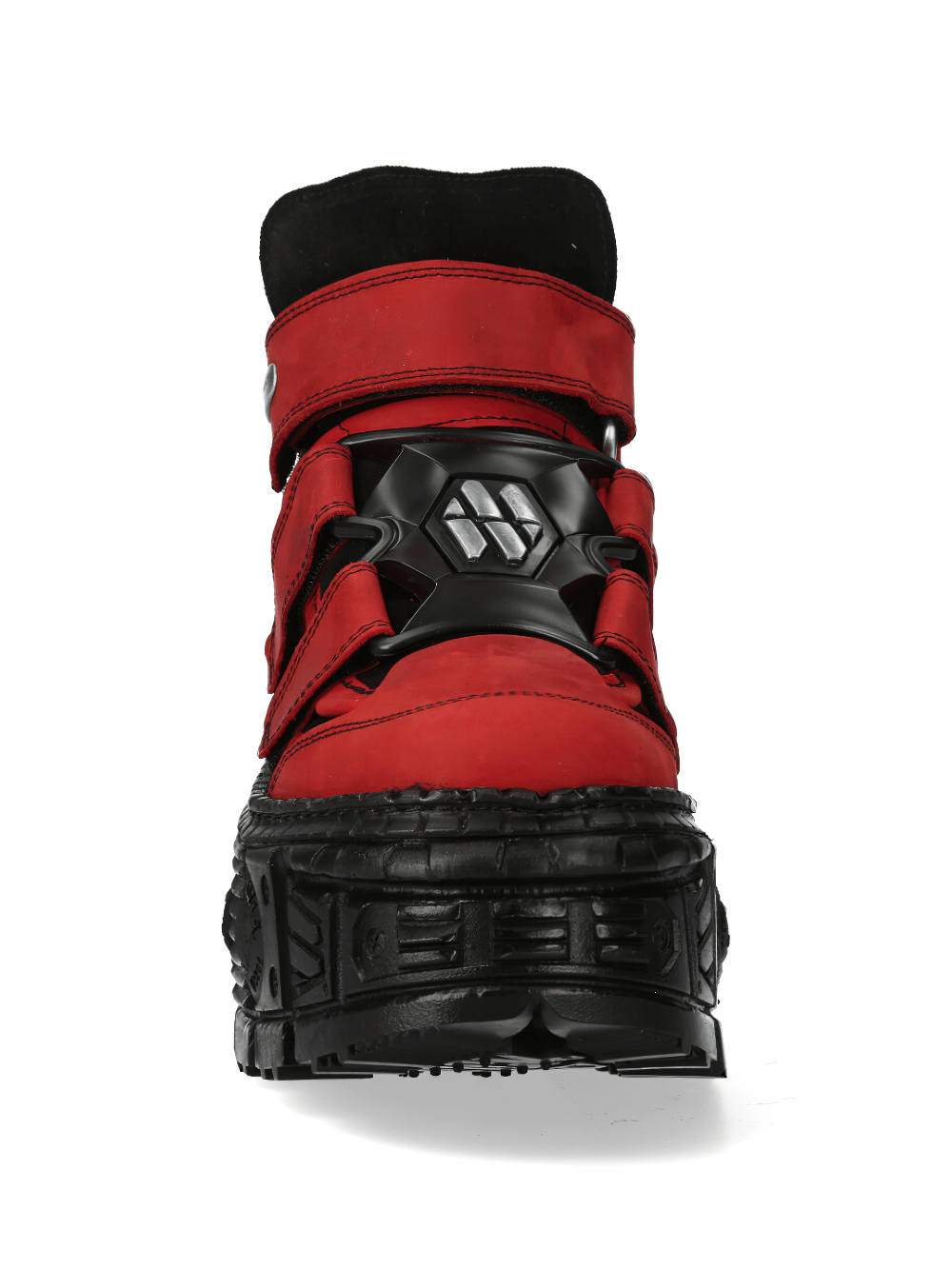 Front view of NEW ROCK red and black urban ankle boots with velcro closure, showcasing a bold rock-inspired design.