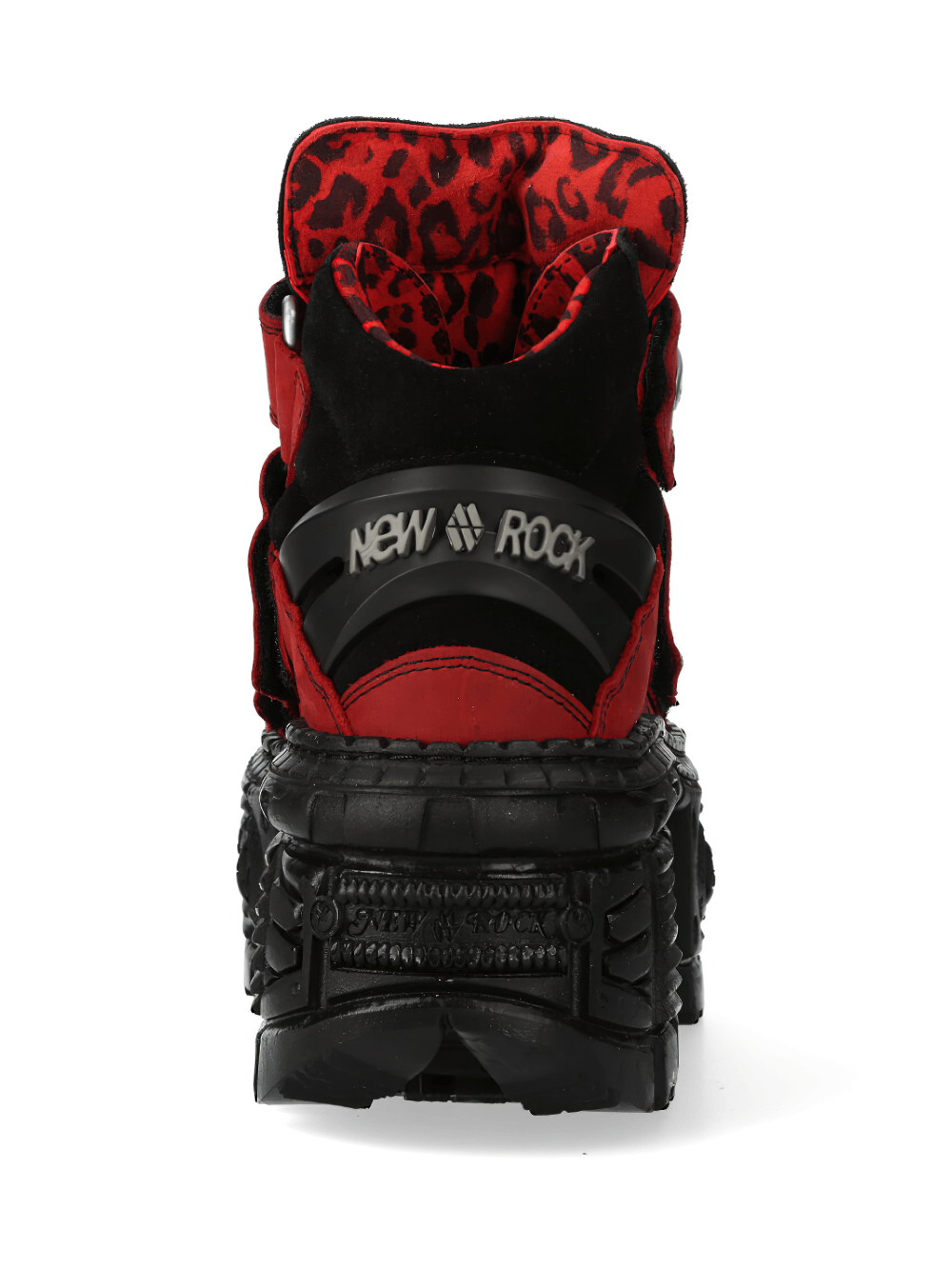 Back view of NEW ROCK Red and Black Urban Heavy Velcro Ankle Boots with striking leopard print lining.