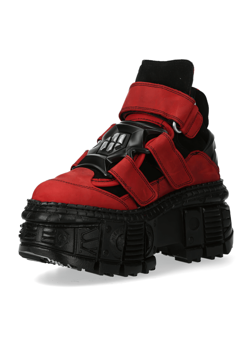 NEW ROCK red and black urban ankle boots with Velcro closure and bold heavy-duty design.