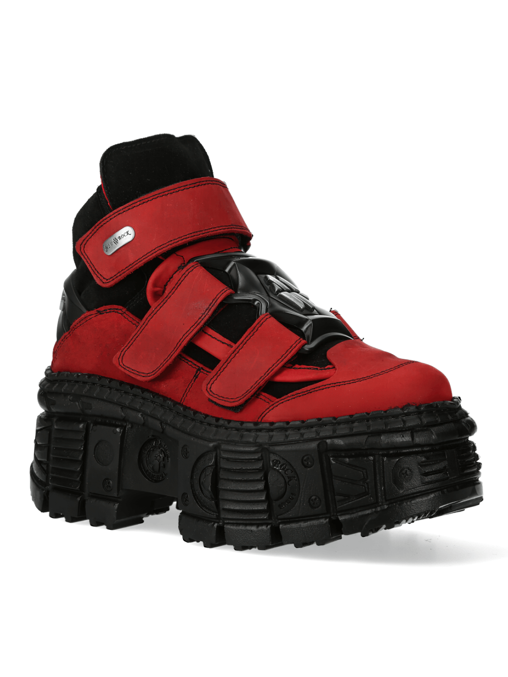 NEW ROCK Red and Black Urban Heavy Velcro Ankle Boots with striking design and durable PU-ultra sole.