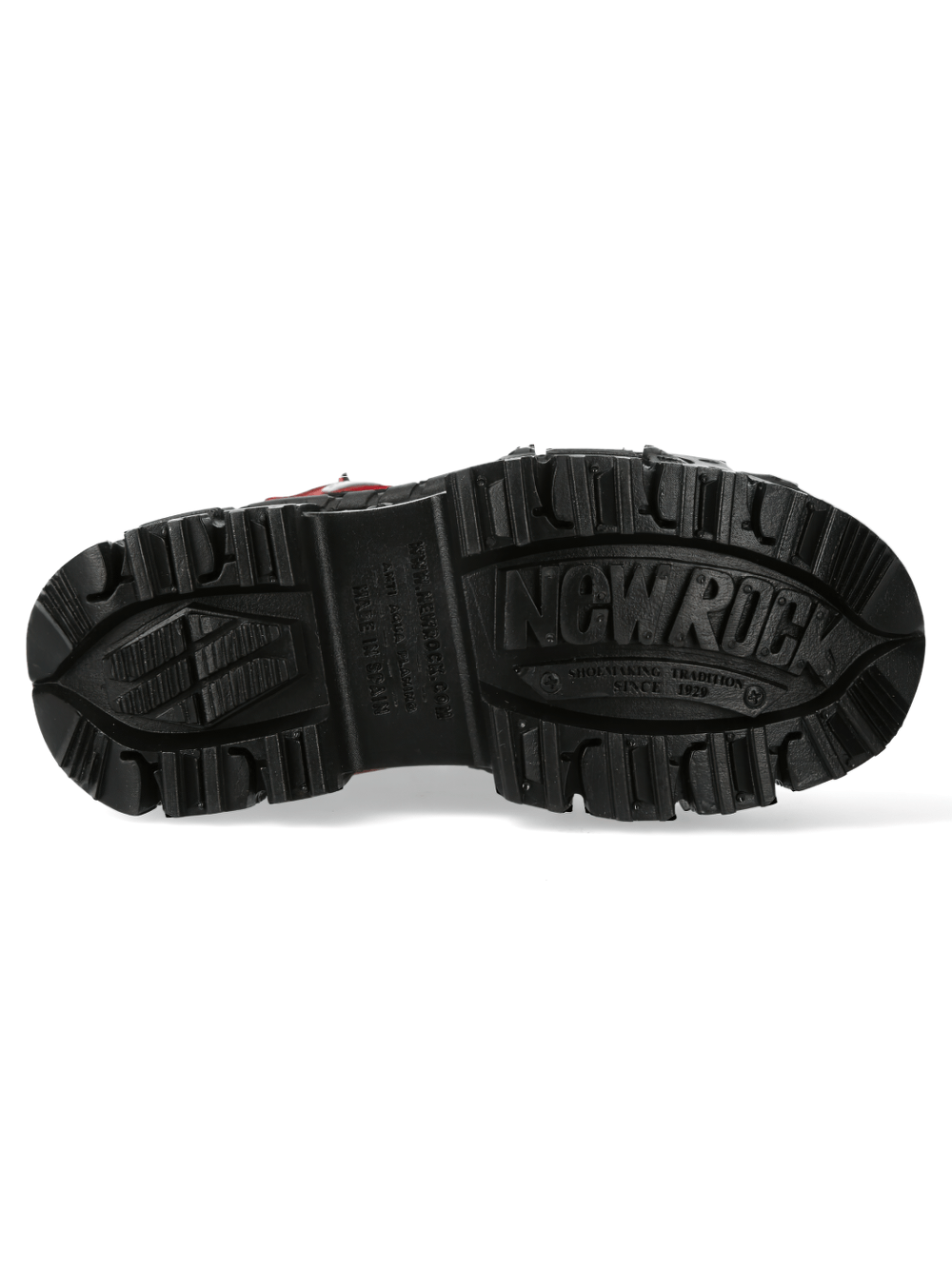 Bottom view of NEW ROCK red and black urban ankle boots showcasing the durable PU-ultra sole and tread design.