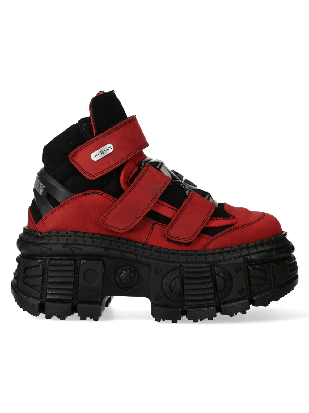 NEW ROCK Red and Black Urban Heavy Velcro Ankle Boots with bold rock-inspired design and durable PU-ultra sole.