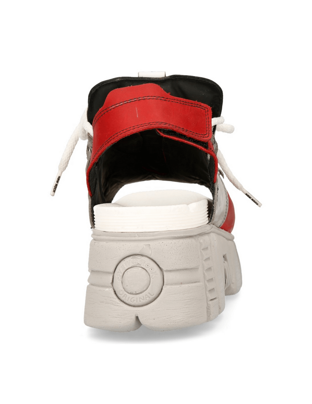 Back view of NEW ROCK Red and Gray Chunky Sole Rock Sandals showcasing metallic punk design and sturdy sole.