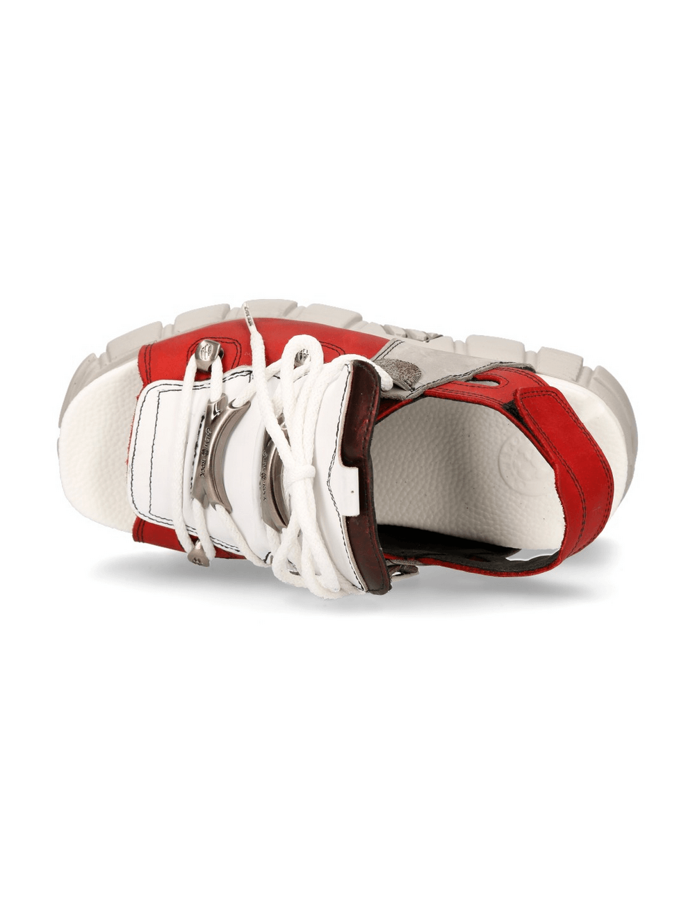 Top view of NEW ROCK Red and Gray Chunky Sole Rock Sandals with metallic punk rock style and sturdy lace-up design.
