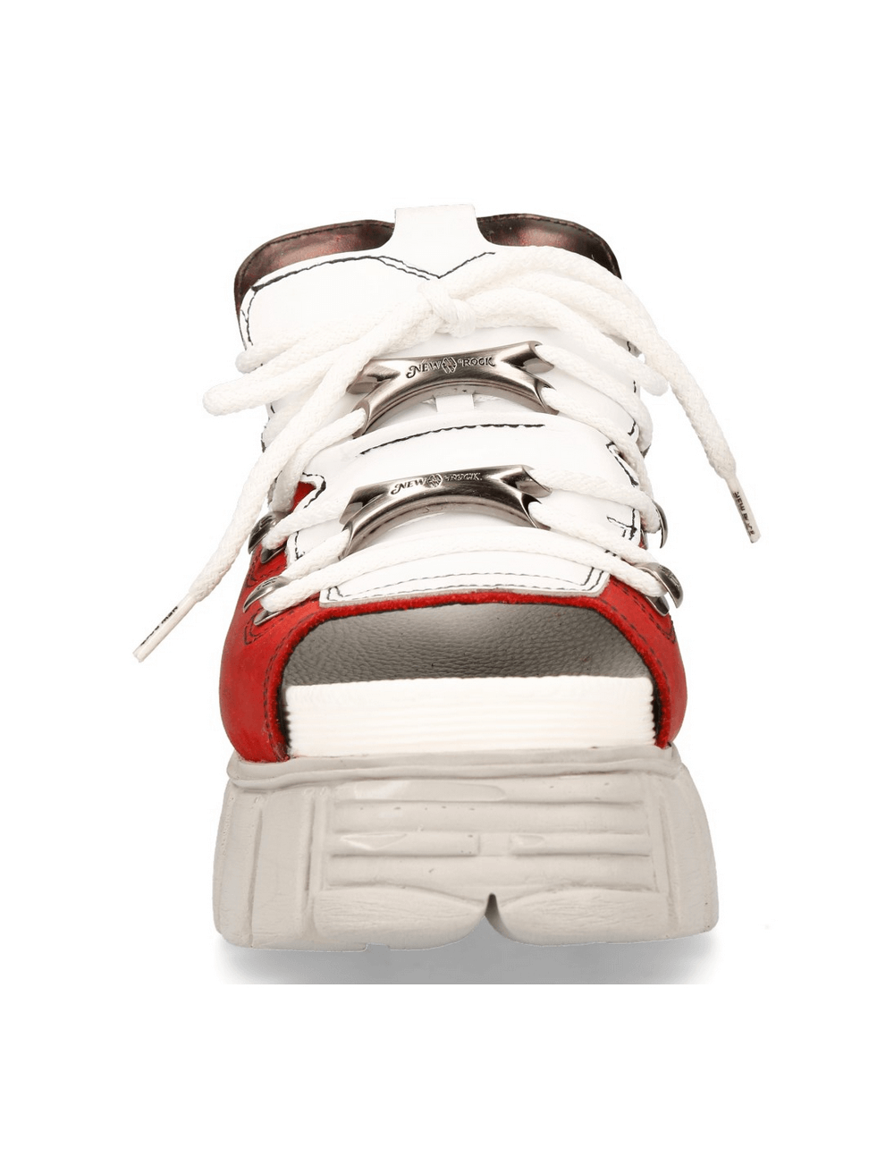 Front view of NEW ROCK Red and Gray Chunky Sole Sandals with metallic accents and lace design.