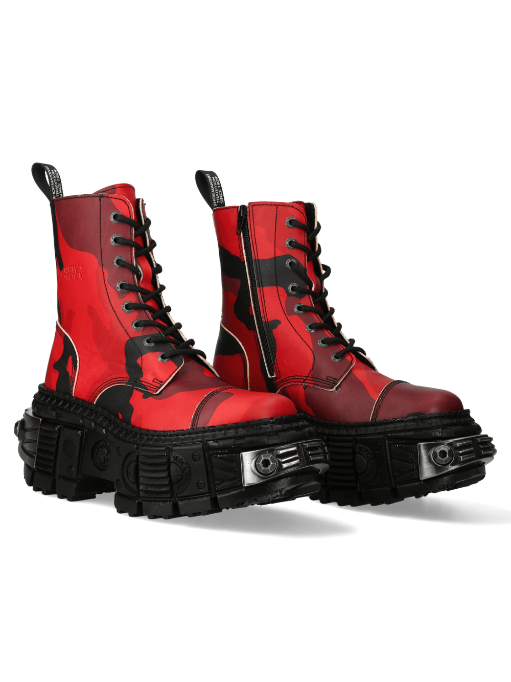NEW ROCK red camo platform ankle boots with lace-up closure, blending rock style and urban fashion.