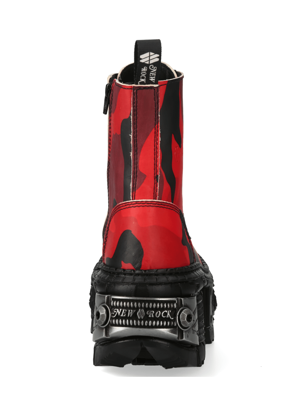 NEW ROCK red camo platform ankle boots with lace-up and zipper closure, showcasing a bold rock style.