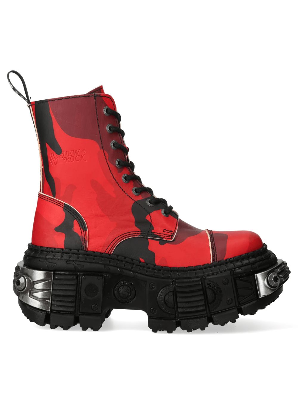 NEW ROCK red camo platform ankle boots showcasing urban rock style with lace-up and zipper closure.