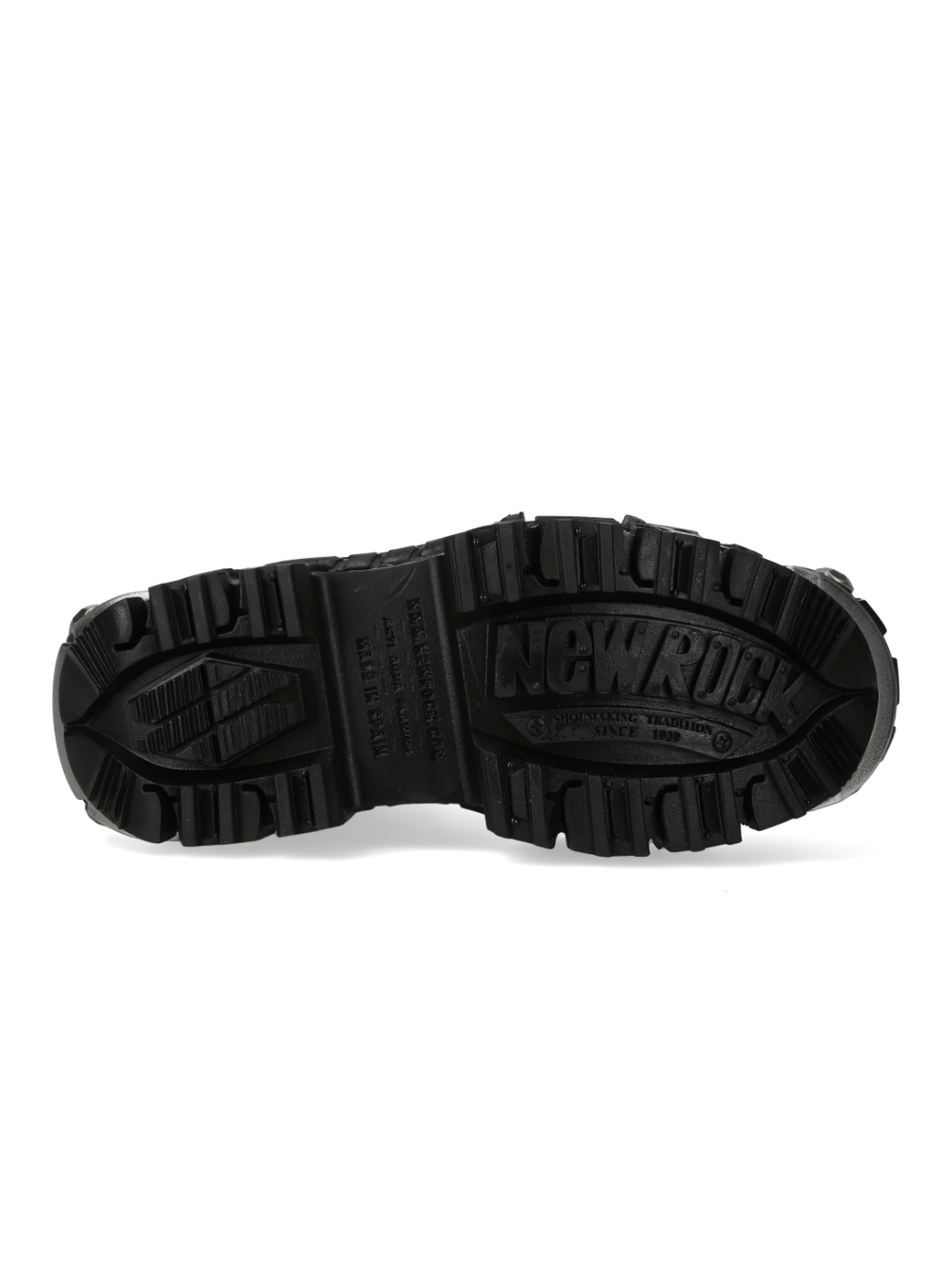 Bottom view of NEW ROCK red camo platform ankle boots showcasing rugged sole design and brand logo.