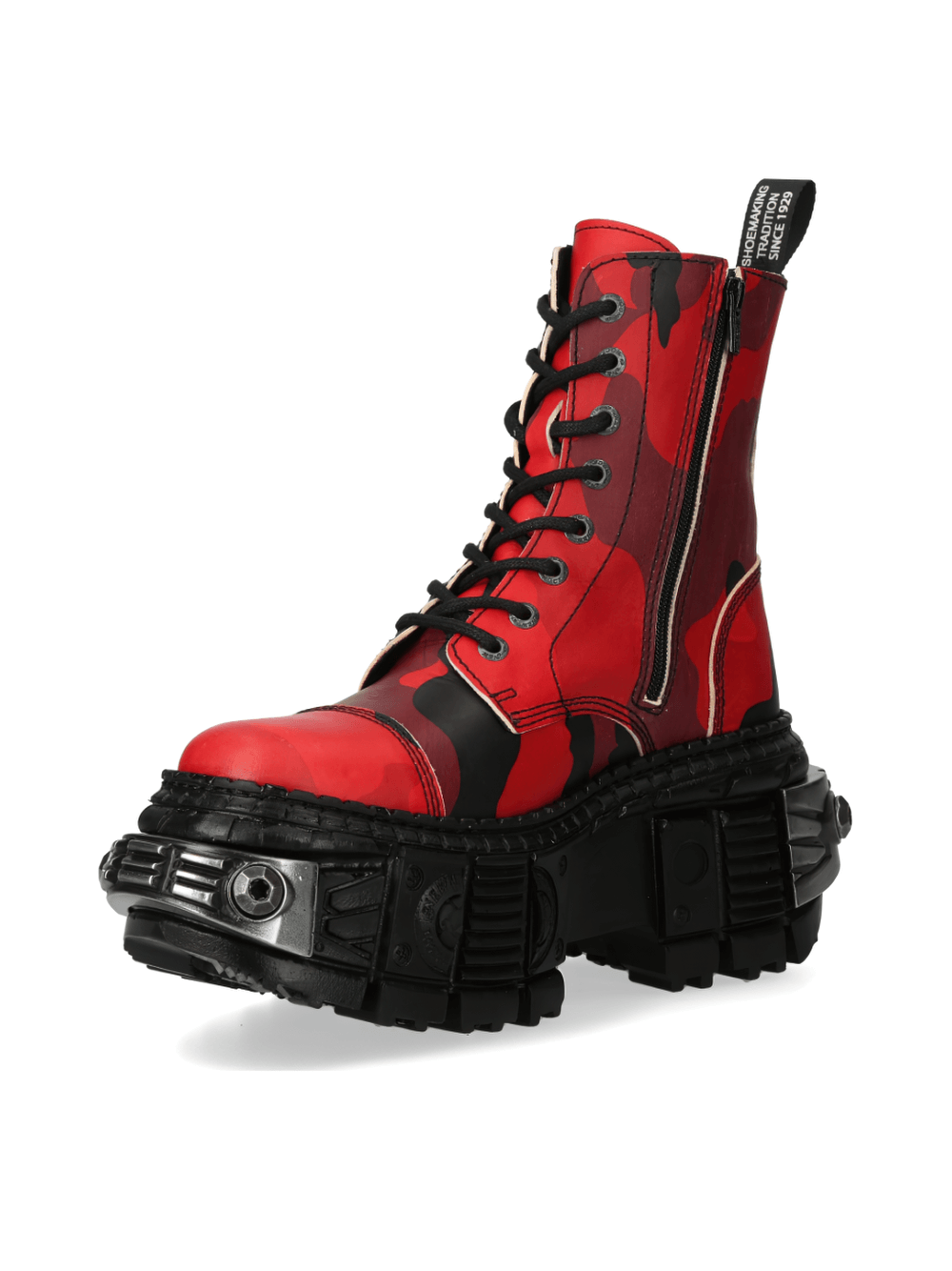 NEW ROCK Red Camo Platform Ankle Boots with lace-up and zipper closure, perfect for rock and urban fashion.