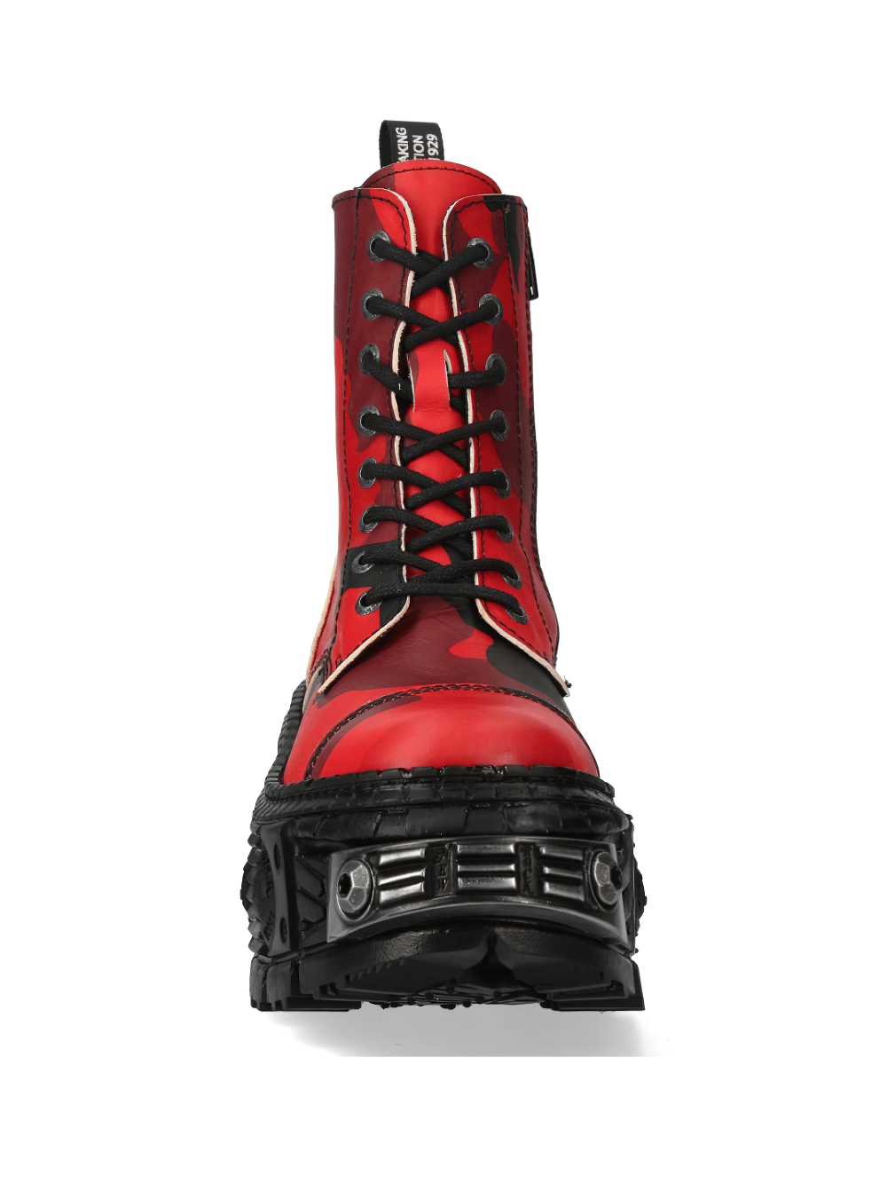 NEW ROCK red camo platform ankle boots with lace-up design, showcasing a bold rock style for urban fashion.