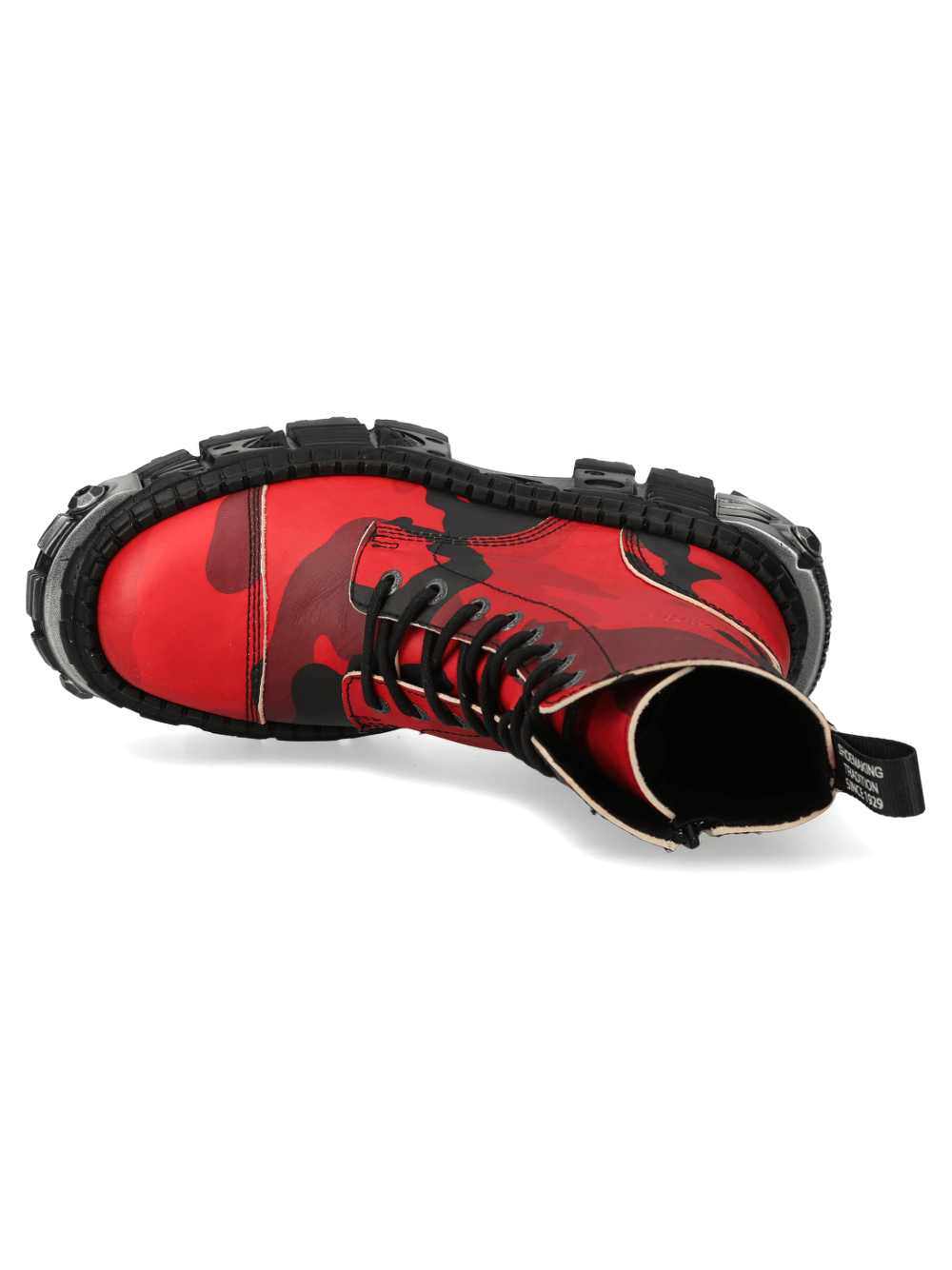 NEW ROCK red camo platform ankle boot with lace-up detailing and robust black sole for fashion-forward urban style.