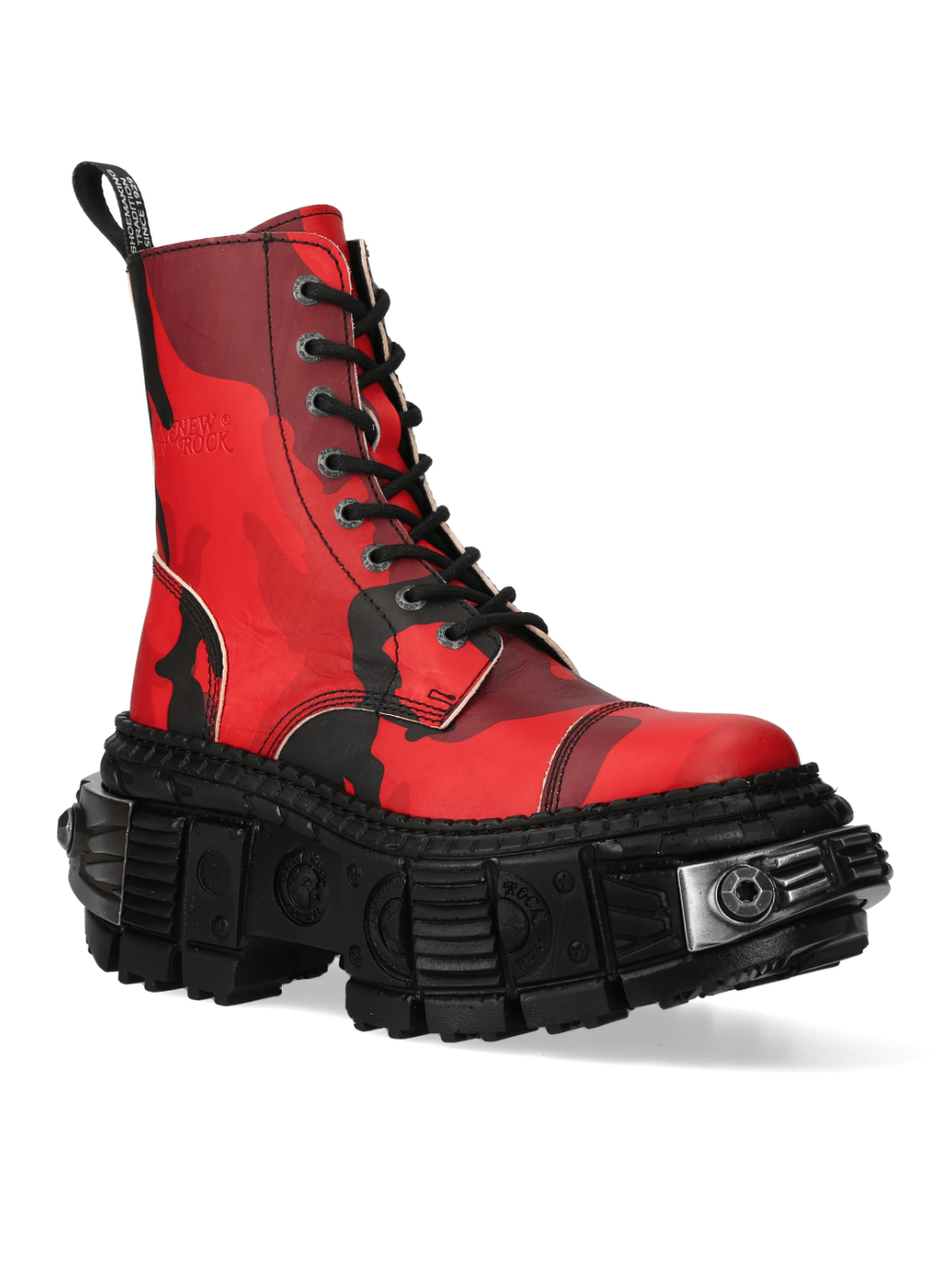NEW ROCK Red Camo Platform Ankle Boots with Lace-Up and striking black sole, perfect for urban rock fashion.