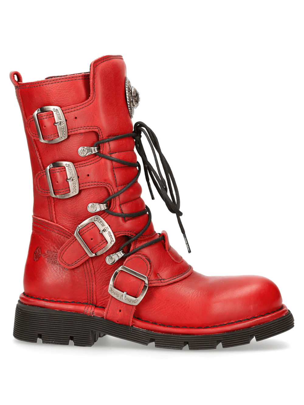 NEW ROCK Men's Gothic Red Cow Leather Lace-Up Combat Boots with Buckles, perfect for bold punk style.