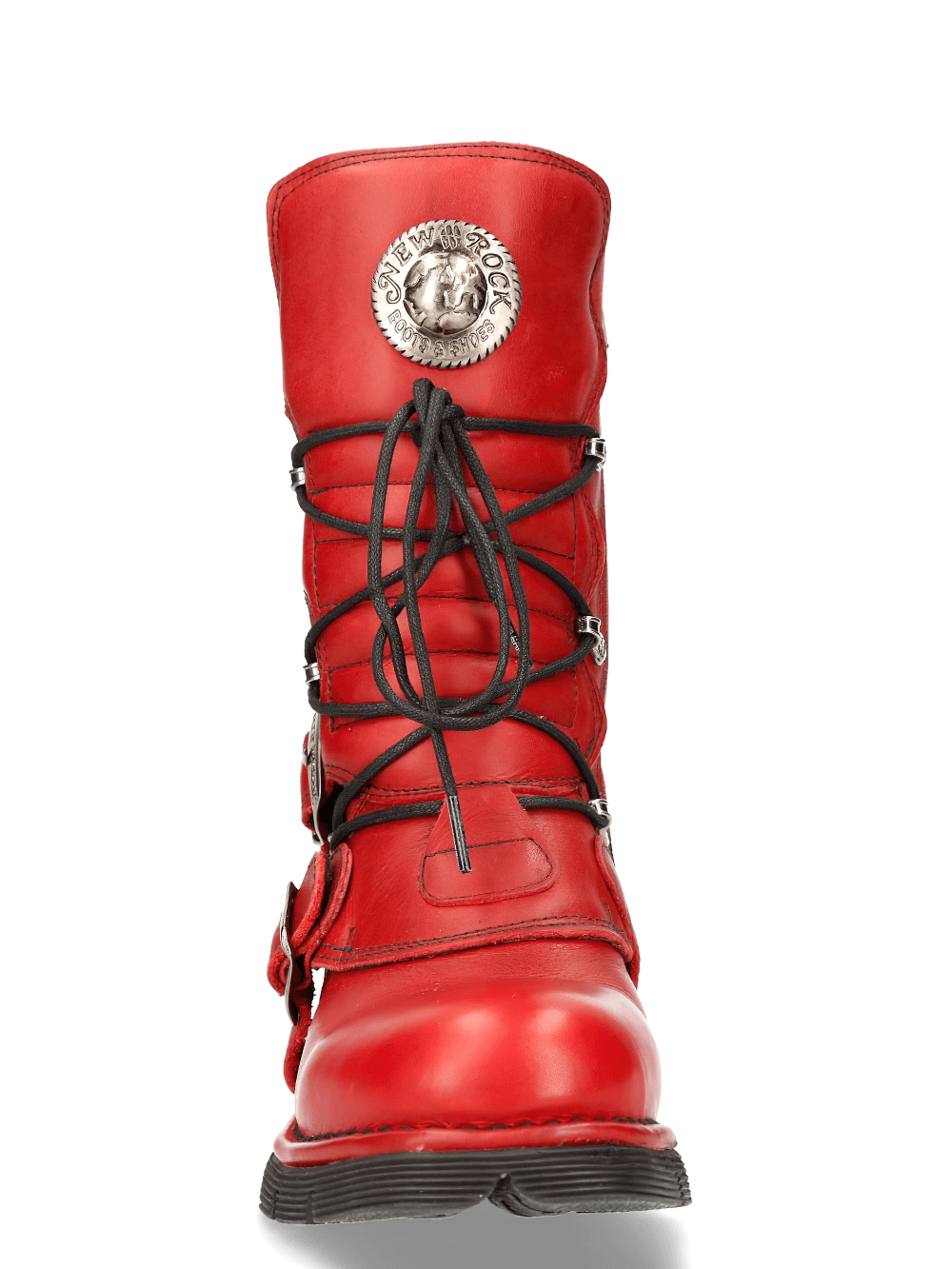 NEW ROCK Men's Red Leather Military Combat Boot with Lace-Up Design and Buckles