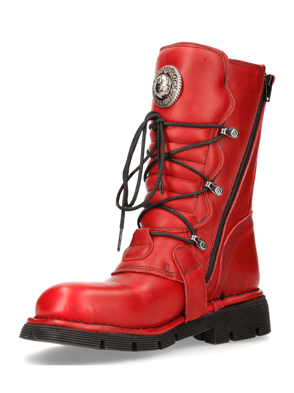 NEW ROCK Men's Red Cow Leather Military Style Combat Boots with buckles and gothic design.