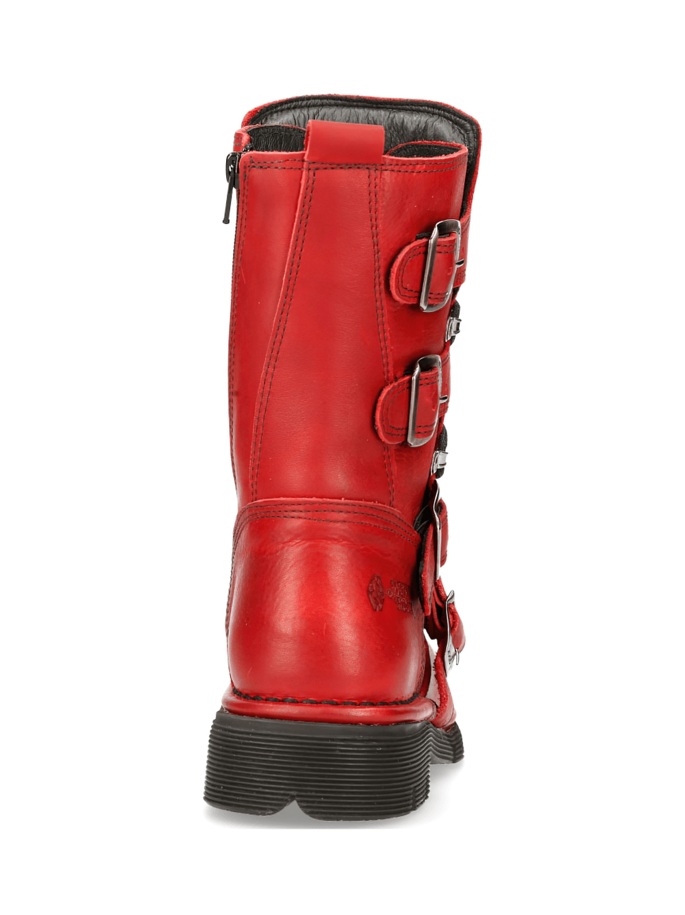 Back view of NEW ROCK Men's Gothic Red Cow Leather Combat Boots with buckles and a rubber sole.