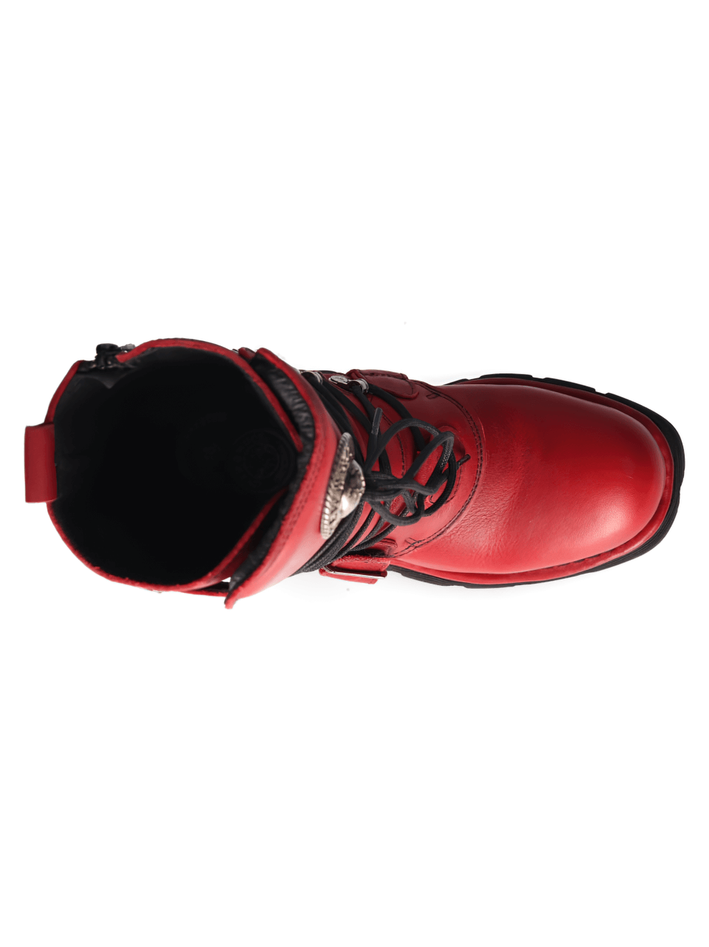 Top view of NEW ROCK Men's red leather military combat boots with buckles and laces.