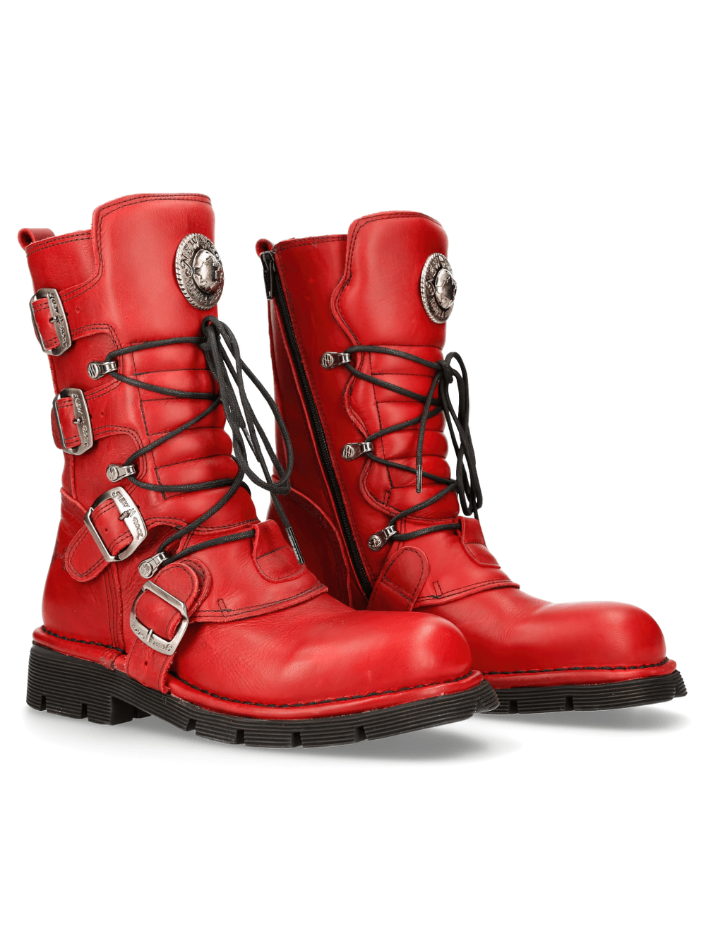 NEW ROCK Men's Gothic Red Lace-Up Combat Boots with Buckles for a bold military style.