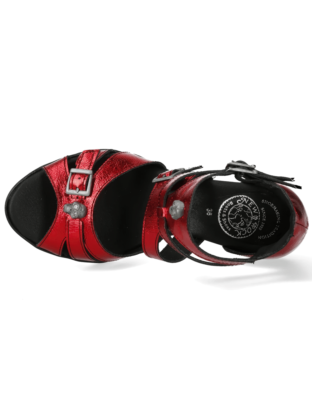 Alt Tag: NEW ROCK Red Punk Heeled Sandals with Metallic Skull Buckles, top view red straps, skull buckles, black platform sole