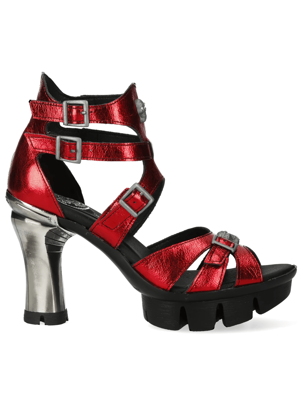 Alt Tag: NEW ROCK Red Punk Heeled Sandals with Metallic Skull Buckles in shimmering red with buckle straps, black platform sole, sculpted silver heel