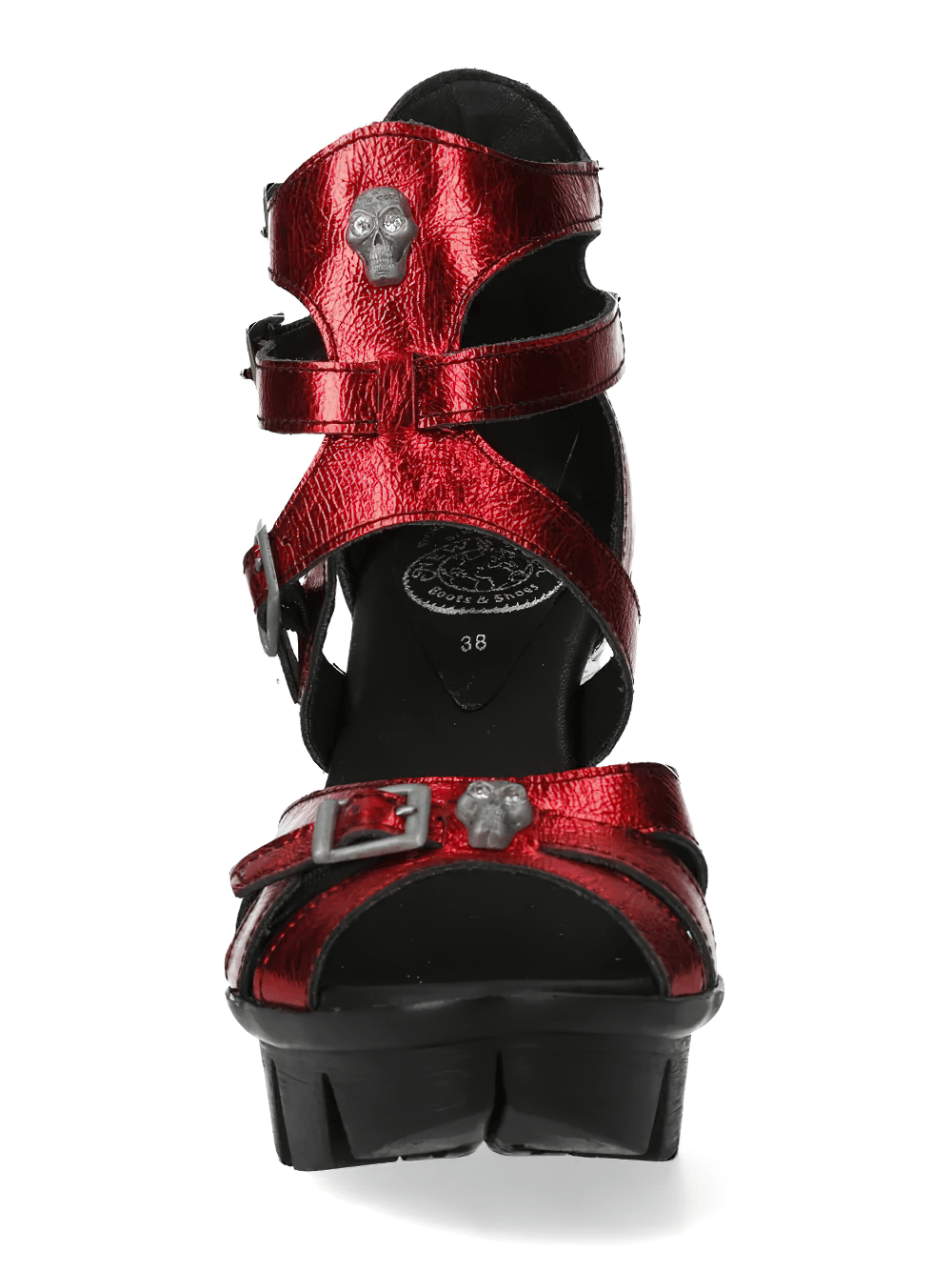 Alt Tag: NEW ROCK Red Punk Heeled Sandals with Metallic Skull Buckles front view, red metallic straps, skull buckles, black platform sole