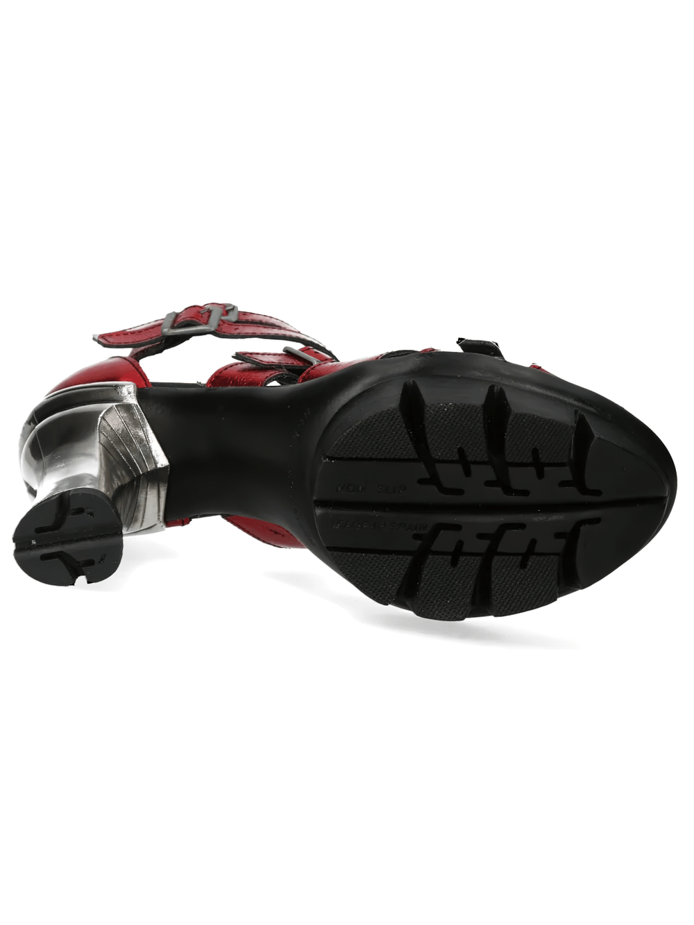 Alt Tag: NEW ROCK Red Punk Heeled Sandals with Metallic Skull Buckles bottom view, grippy black sole, red straps, sculpted silver heel