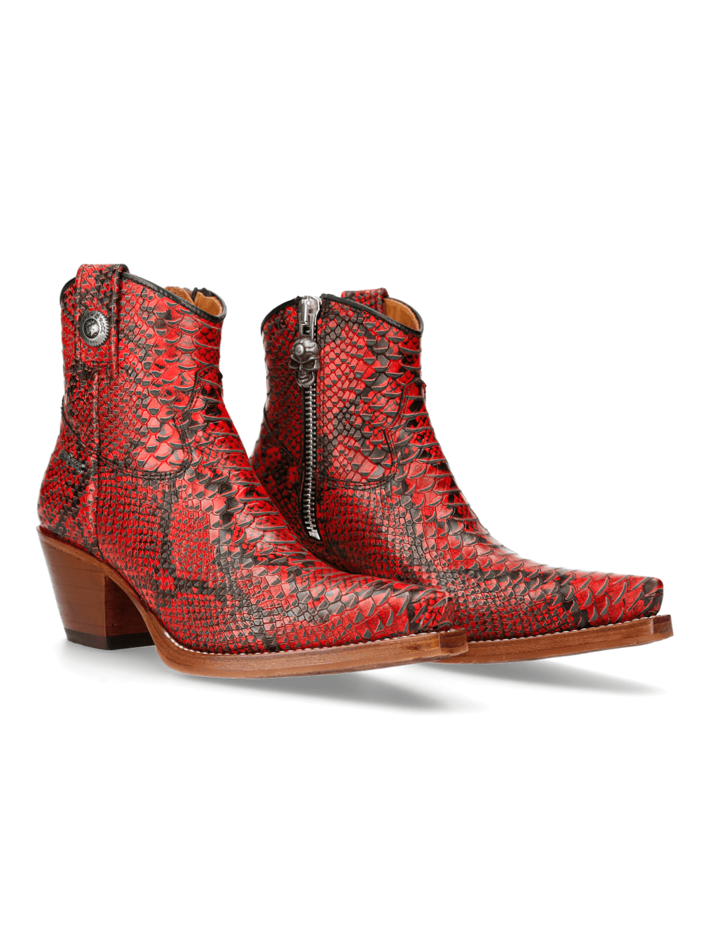 NEW ROCK red snake print ankle boots with zipper detail, stylish biker booties for bold fashion lovers.