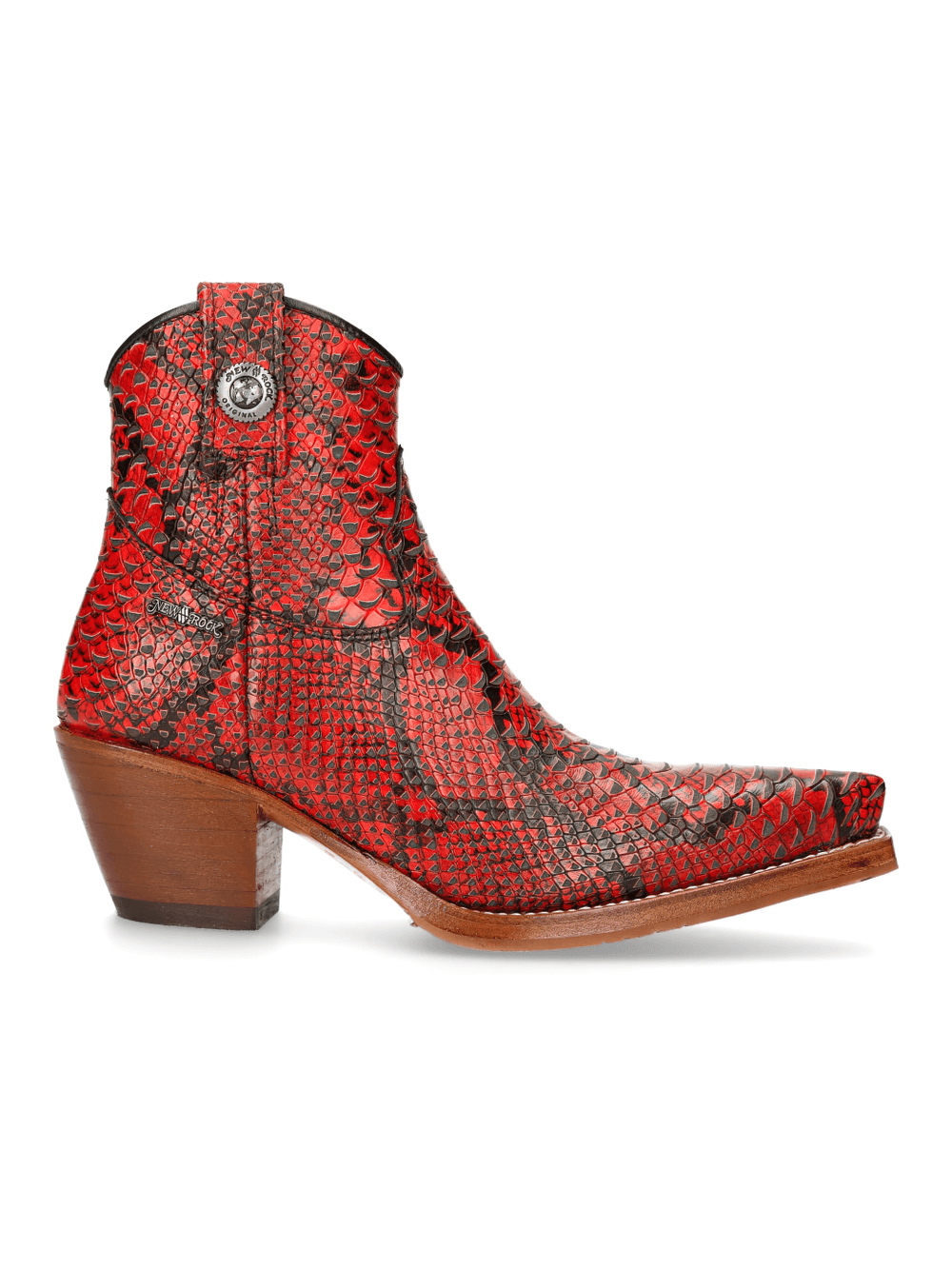 NEW ROCK red snake print ankle boots with stylish zipper detail, crafted for bold fashion and durability.