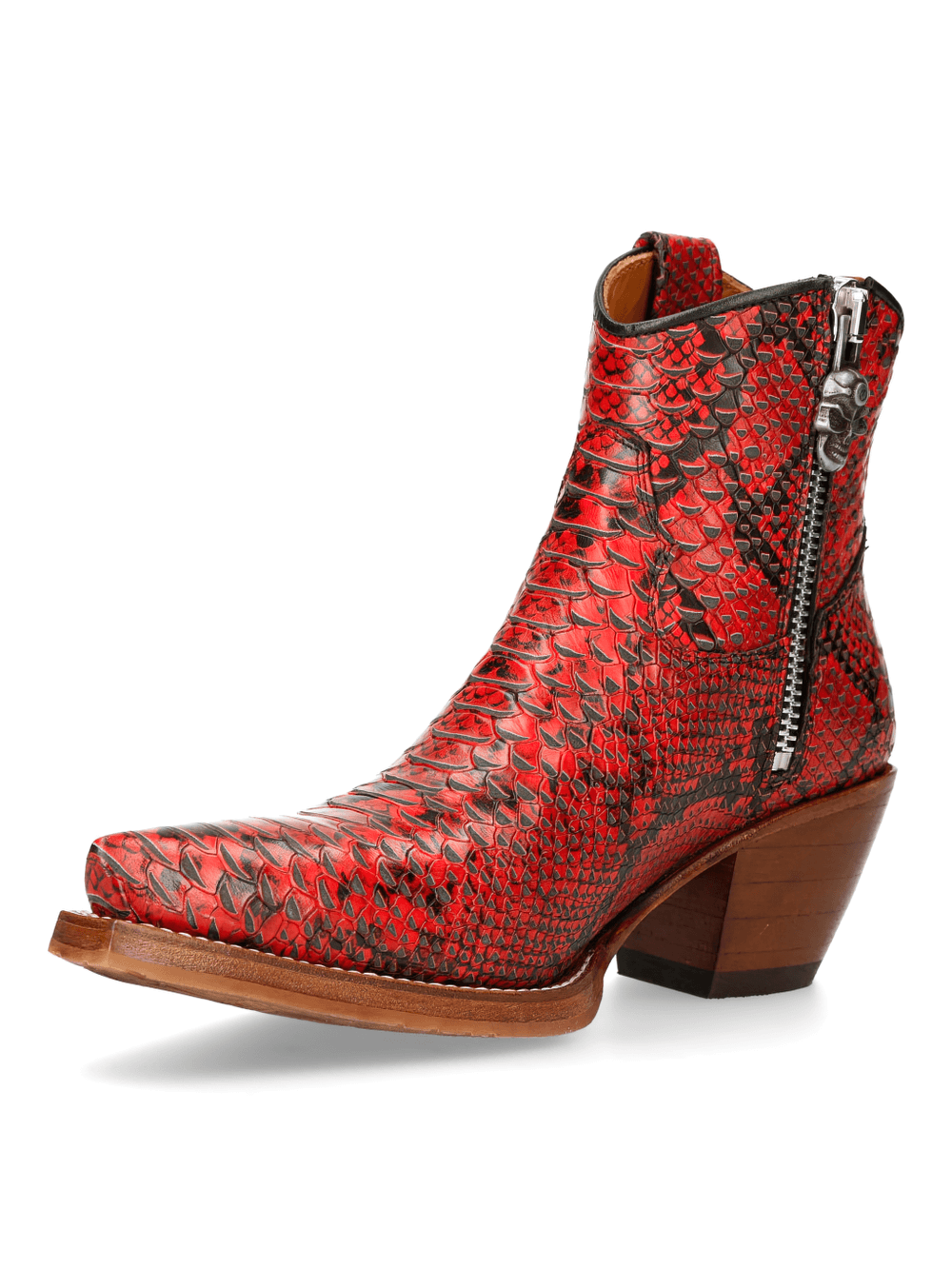 NEW ROCK Red Snake Print Ankle Boots with zipper detail, biker-style leather booties for bold fashion.