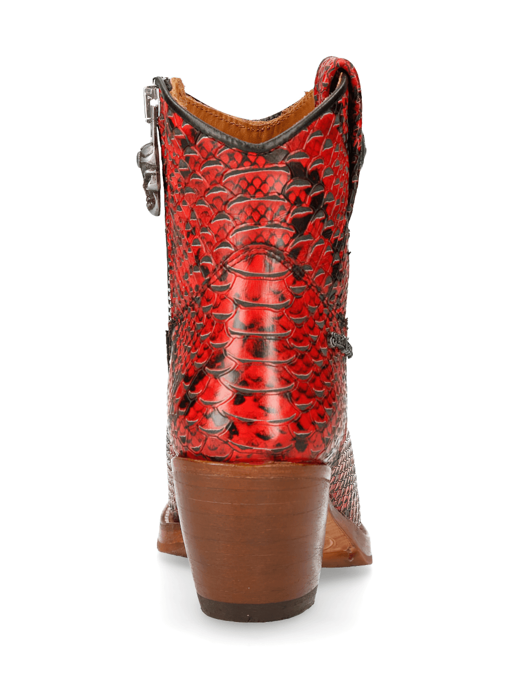 Back view of NEW ROCK red snake print ankle boots showcasing zipper detail and stylish leather finish.