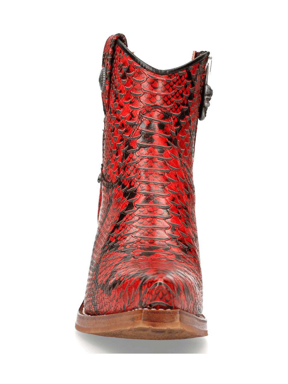 Front view of NEW ROCK Red Snake Print Ankle Boots with zipper detail, showcasing stylish biker design and vibrant texture.