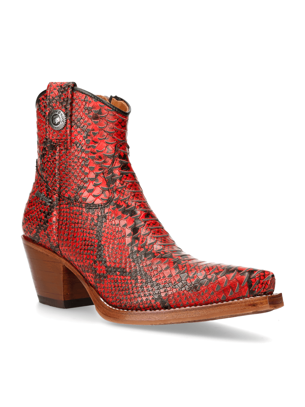 NEW ROCK Red Snake Print Ankle Boots with Zipper Detail, stylish biker-inspired design, perfect for bold fashion statements.
