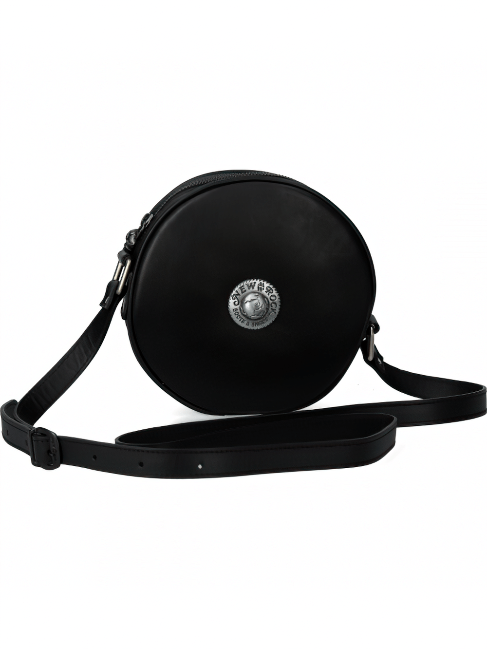 NEW ROCK Round Gothic Punk Shoulder Bag in black with zipper closure and stylish button detail.