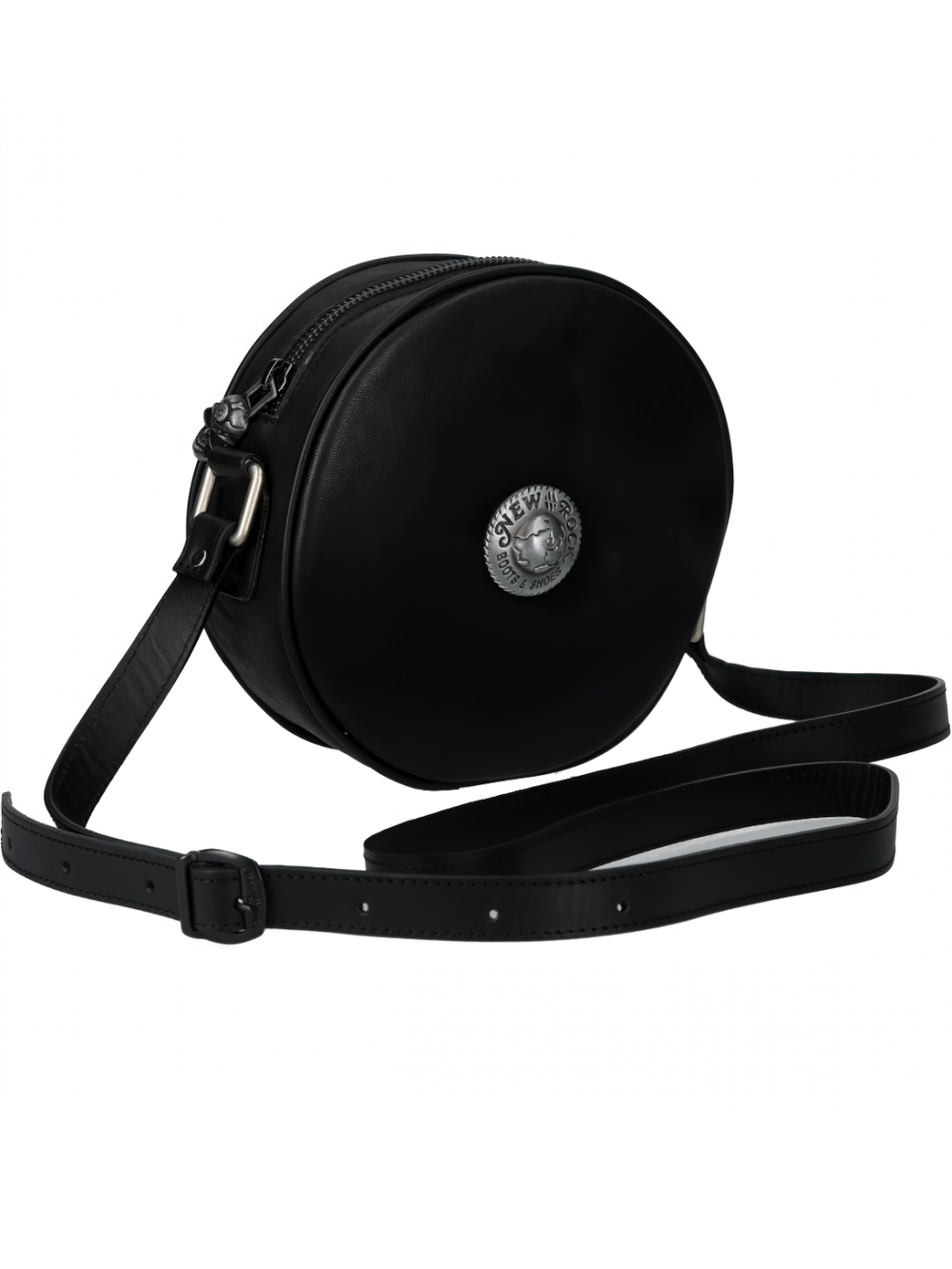 NEW ROCK round gothic punk shoulder bag with zipper closure, stylish black design for edgy fashion enthusiasts.